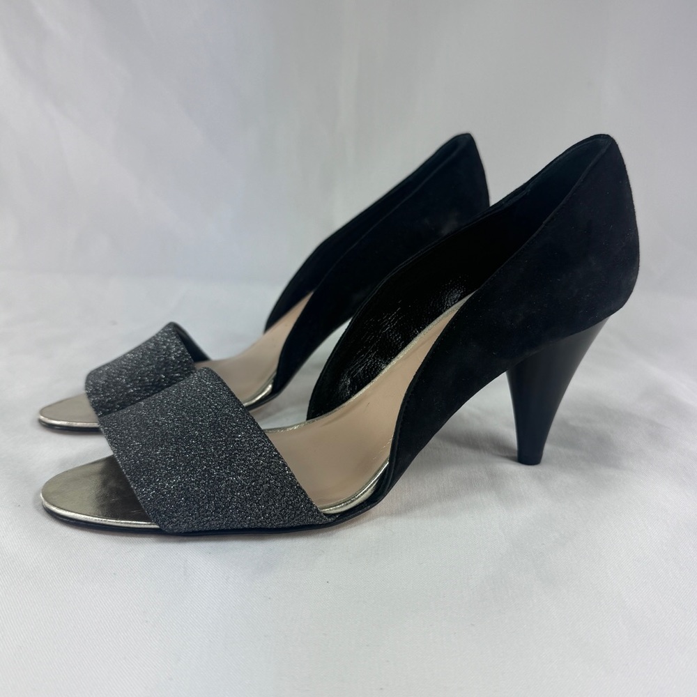 Loeffler Randall Open Toe Pump 3" High Heels Black Suede Glitter Cone Heel